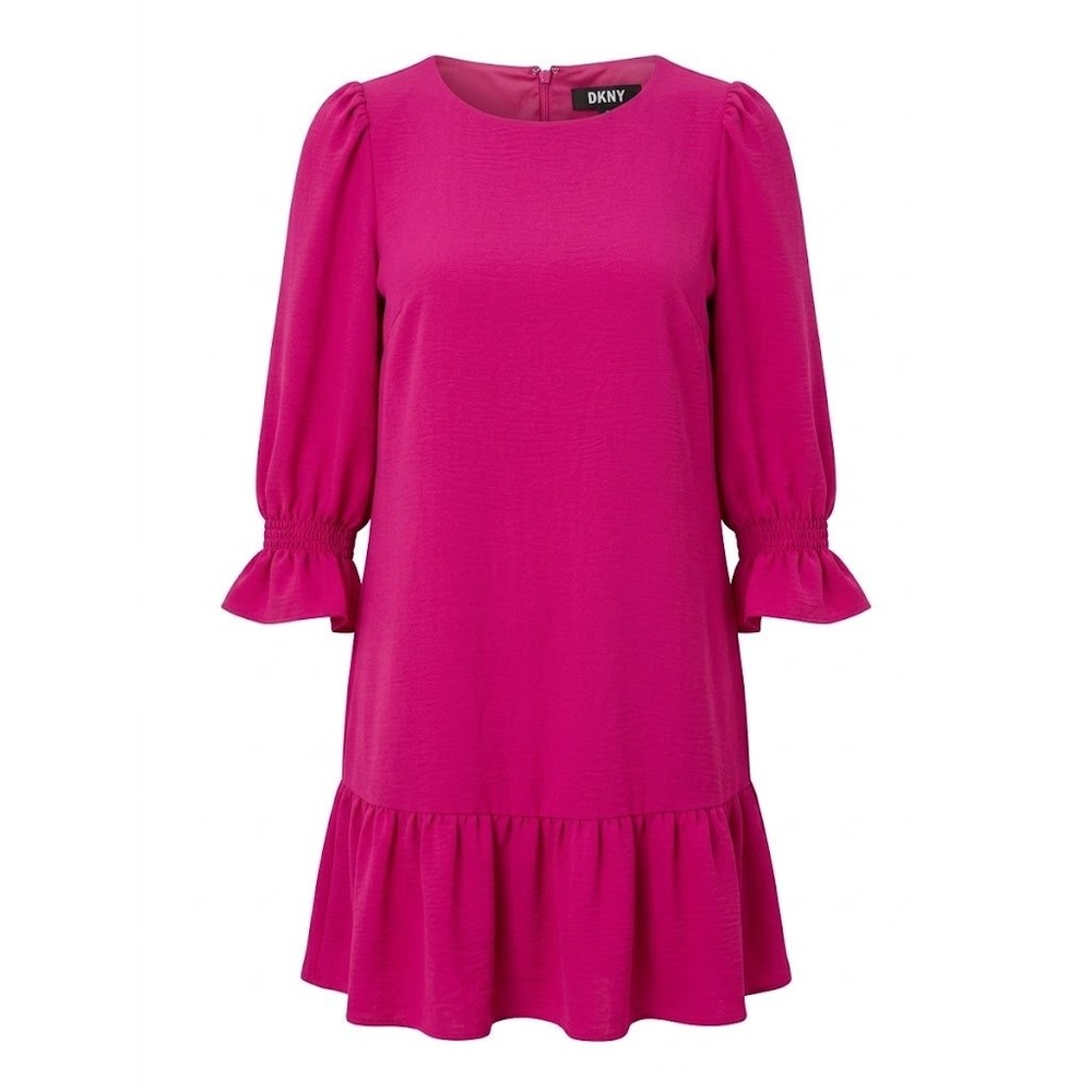 DKNY Dress Womens 4 Pink Puff Sleeve Ruffle Hem Shift Barbiecore Preppy Chic